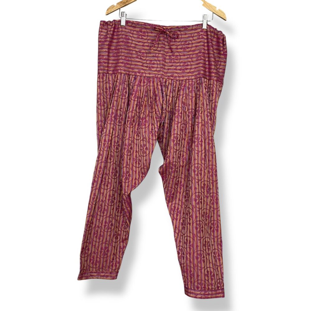 Salwar Pants Pink Striped Floral Drawstring Waist Indian Trousers Adjustable Fit
